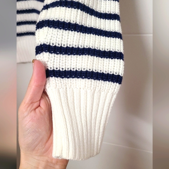 NWOT J. Crew Factory Navy Striped Button Mockneck Sweater - Picture 5 of 7